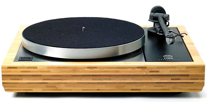 Front view of a Linn Sondek LP12 with its natural bamboo Booplinth
